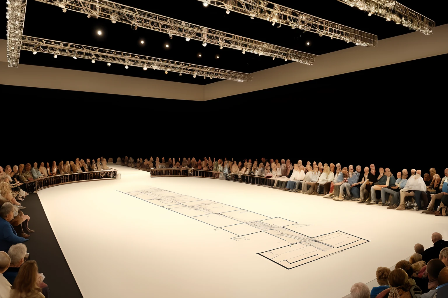 Fashion Show catwalk venue, lighting on the left and right, audience chair on the left and right, with floor plan