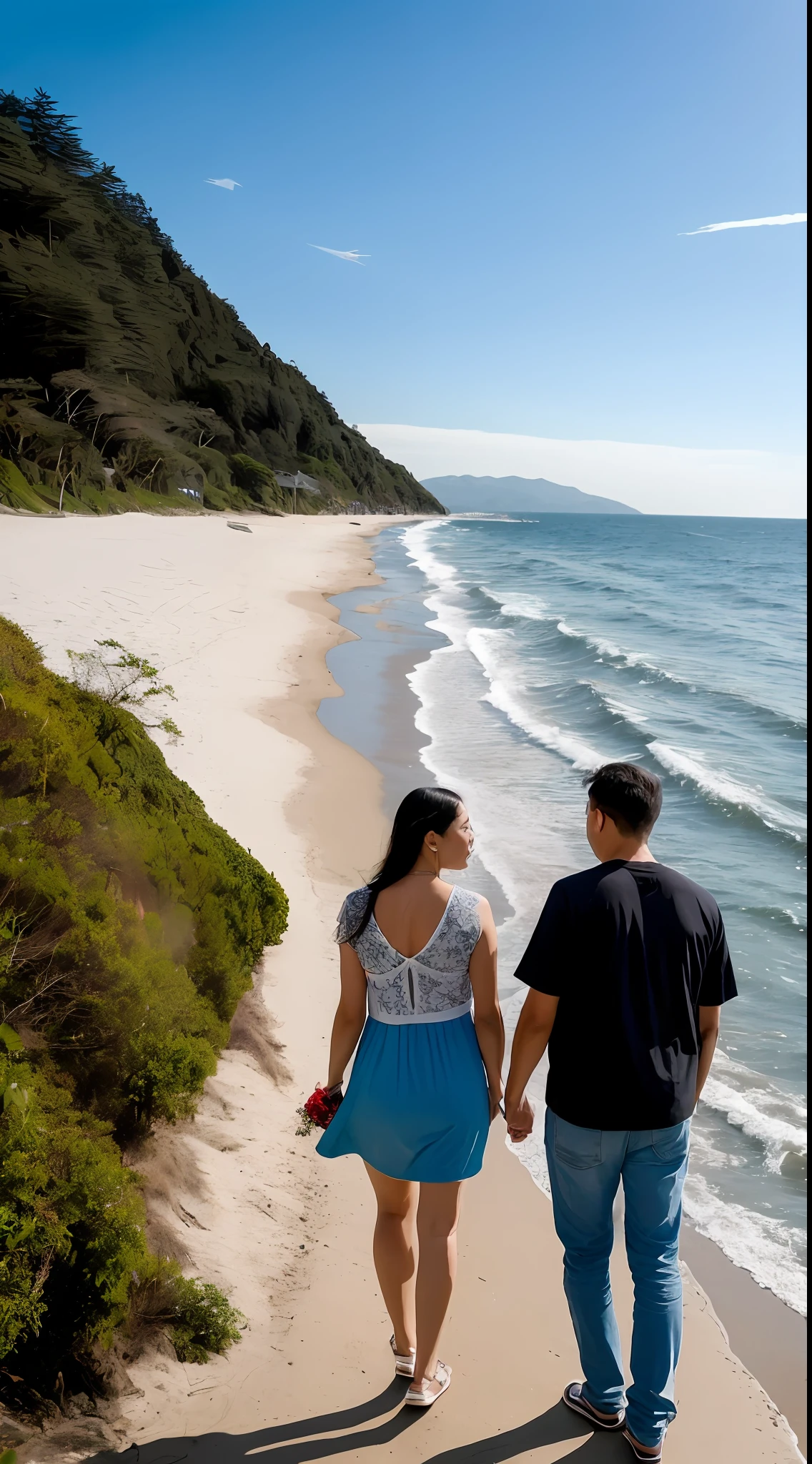 Create an image of a couple celebrating 20 years of marriage with a beach landscape