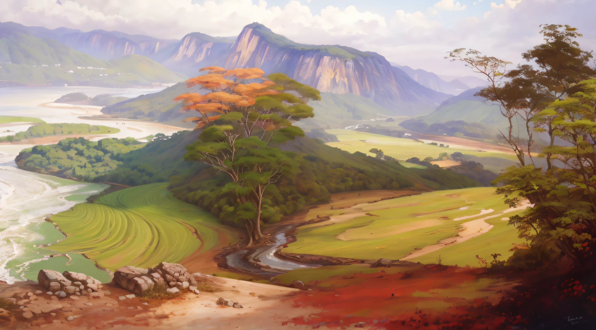 pintura de um rio que atravessa um vale verde exuberante com montanhas ao fundo, colinas fluidas, 8k resolution digital painting, 8k resolution digital painting, Pintura digital 4K, Pintura digital 4k, pintura digital detalhada, baixo detalhamento. pintura digital, Pintura Digital de Alto Detalhe, peaceful landscape, rio, trees and hills, pintura detalhada 4K, pintura digital 4k