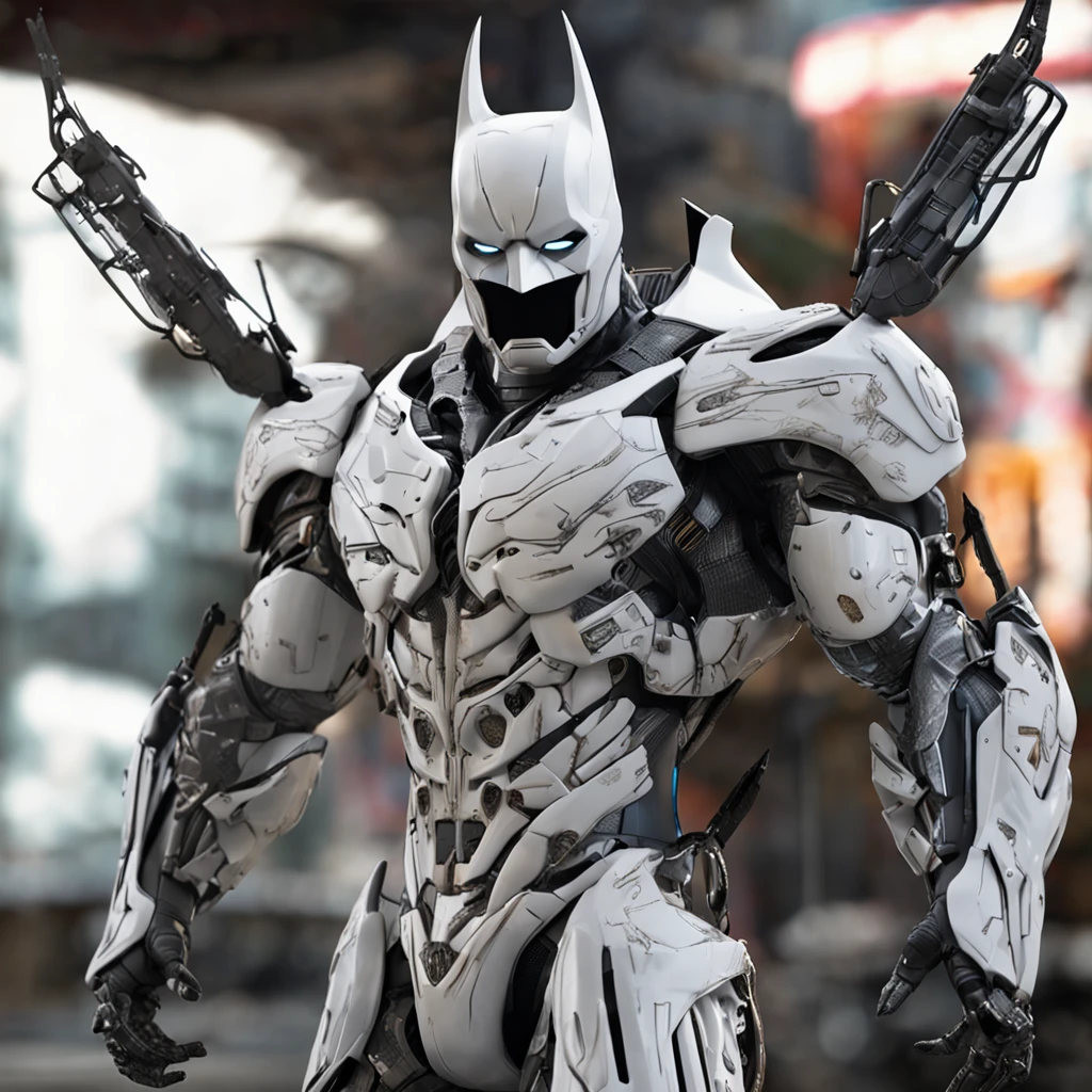 spectacular, Master parts, :The realistic White Batman focuses on the advanced cybernetic suit Orba Prima, high high quality ::n_Style drawing, Low-quality defects,