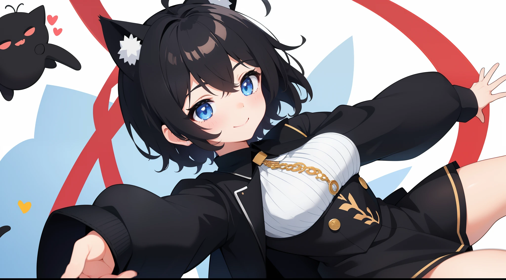girl with、Chibi、((Best Quality, high_resolution, Distinct_image)),(Black hair), (Black cat ears), (Ahoge), (absurdly short hair), (Wavy Hair), (Blue eyes),、A smile、mideum breasts、Heart pupil、Hands outstretched