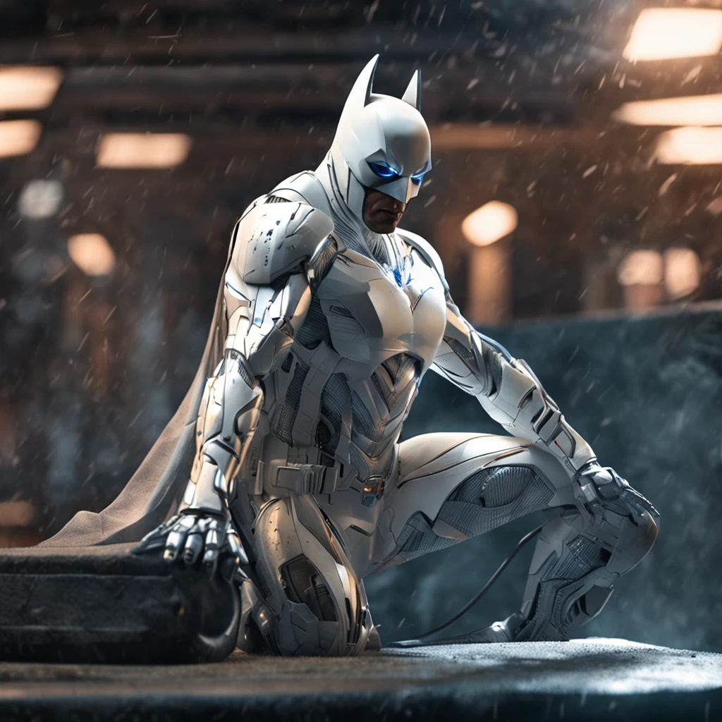 spectacular, Master parts, :The realistic White Batman focuses on the advanced cybernetic suit Orba Prima, high high quality ::n_Style drawing, Low-quality defects,