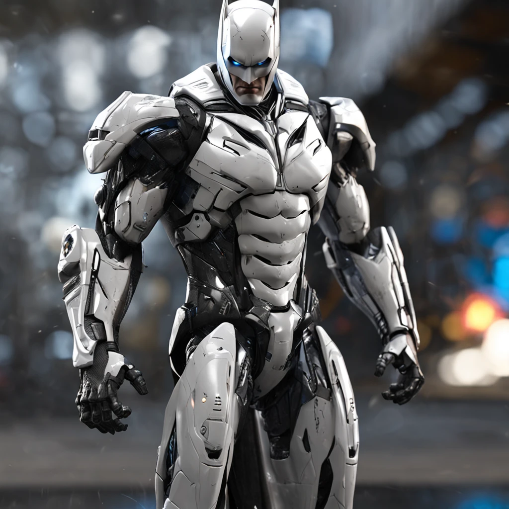 spectacular, Master parts, :The realistic White Batman focuses on the advanced cybernetic suit Orba Prima, high high quality ::n_Style drawing, Low-quality defects,