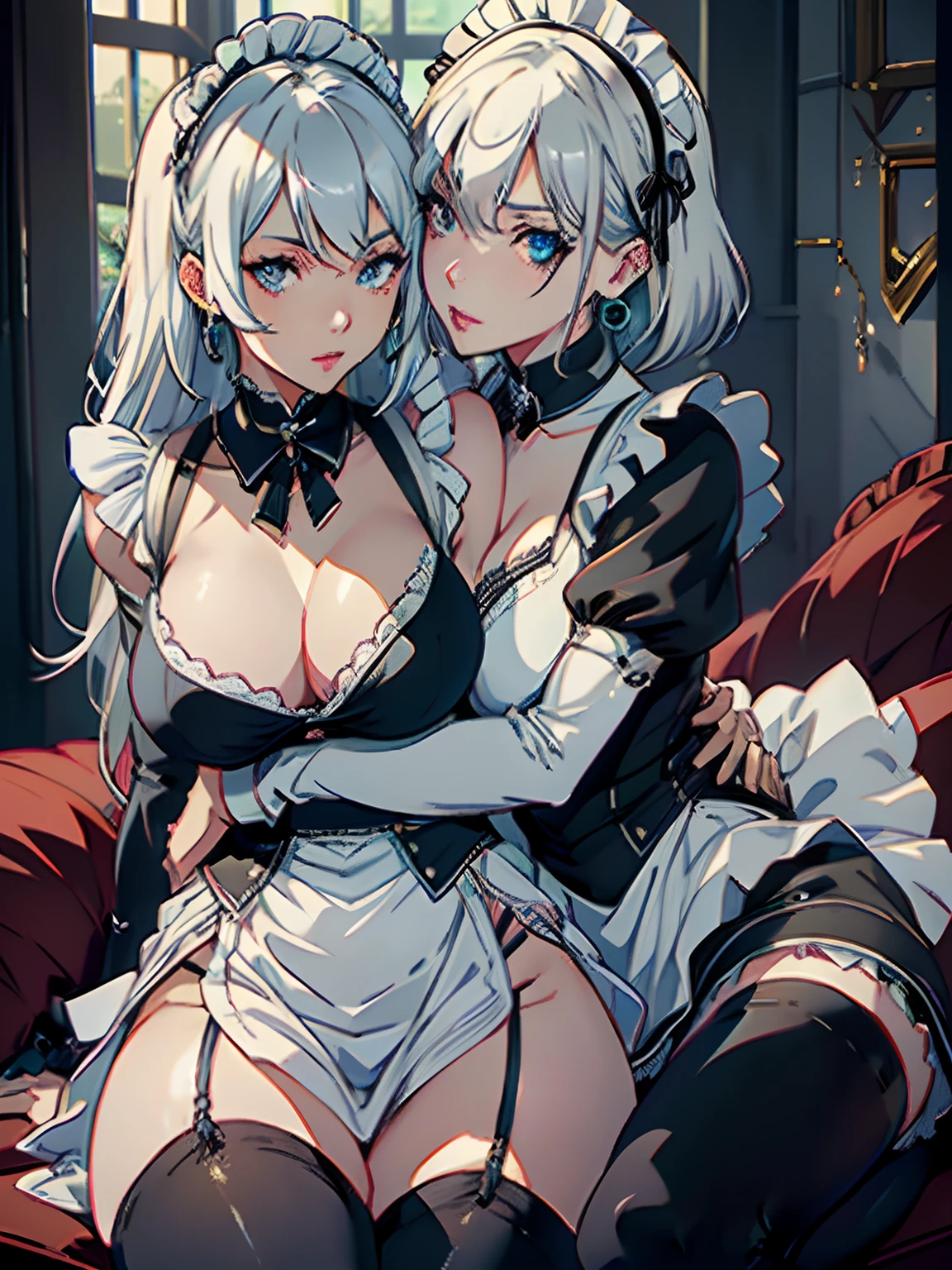 (masutepiece: 1.3), (max resolution: 1.2), (Ultra HDTV: 1.2), cinematric light, 8K resolution,
Detailed eyes and skin, detailed facial features, Perfect Style, Beautiful face, 准确, Anatomically correct, Highly detailed face and skin texture, Detailed eyes, Double eyelids, Thin eyebrows, Glitter Eyeliner: 1 Natural cheeks, Glossy skin, Fair skin: 1.2, (shiny lips: 1.4)
Two women hugging each other、((Rubbing the opponent's chest))、((Touching the opponent's crotch、Erotic look))、((Licking the crotch))、(((Put your face on your crotch)))、
(One of them is a 25-year-old lascivious woman. 、((It is a standing figure)), (Challenging look: 1.2),(long silver-white hair, Colossal tits, upturned breasts,Green-gray eyes、(detailed maid outfit:1.6)、Exposed cleavage、((No Underwear))、Shiny little earrings and necklaces、Disheveled clothes,))、
(One of them is a naïve woman of 18 years old. 、((Sitting)), (Shy look: 1.2), (a short bob,A dark-haired、 Small, Exposed cleavage、upturned breasts,blue eyes、(detailed maid outfit:1.2) ,((No Underwear))、Disheveled clothes、a miniskirt,)),NSFW