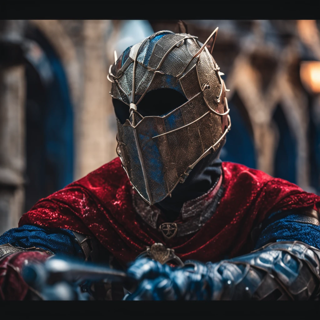Marvel at the magical spider - the man who served as a medieval themed knight, Full set of red and blue glittering armor, Intricate details, Depicted in action poses, holds a spear, Medieval town in the background, Photorealistic, Dramatic lighting, Beautiful color grading, 8K resolution, Shot with Canon EOS C70 RF24–105mm lens