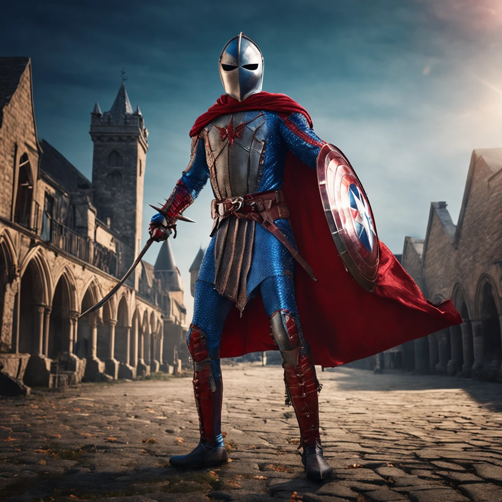 Marvel at the magical spider - the man who served as a medieval themed knight, Full set of red and blue glittering armor, Intricate details, Depicted in action poses, holds a spear, Medieval town in the background, Photorealistic, Dramatic lighting, Beautiful color grading, 8K resolution, Shot with Canon EOS C70 RF24–105mm lens