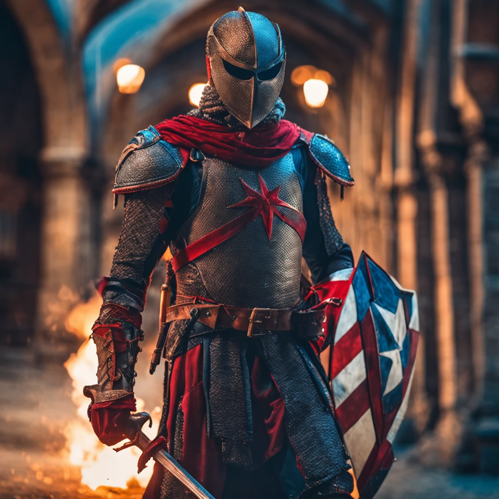 Marvel at the magical spider - the man who served as a medieval themed knight, Full set of red and blue glittering armor, Intricate details, Depicted in action poses, holds a spear, Medieval town in the background, Photorealistic, Dramatic lighting, Beautiful color grading, 8K resolution, Shot with Canon EOS C70 RF24–105mm lens