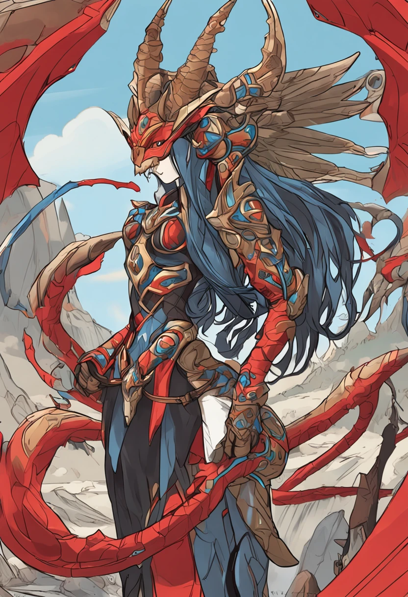 uma mulher, pele branca, longos cabelos brancos, uma mecha vermelha de cabelo do lado direito, (dois finos e longos chifres pretos ligeiramente curvados por dentro, um olho azul e um olho castanho, Two small red dragon wings, orelhas de elfo, vestido em couro preto apertado, botas de salto de couro preto de altura do joelho, Grande Brest, sentado em um "Dragon skull, corpo inteiro,