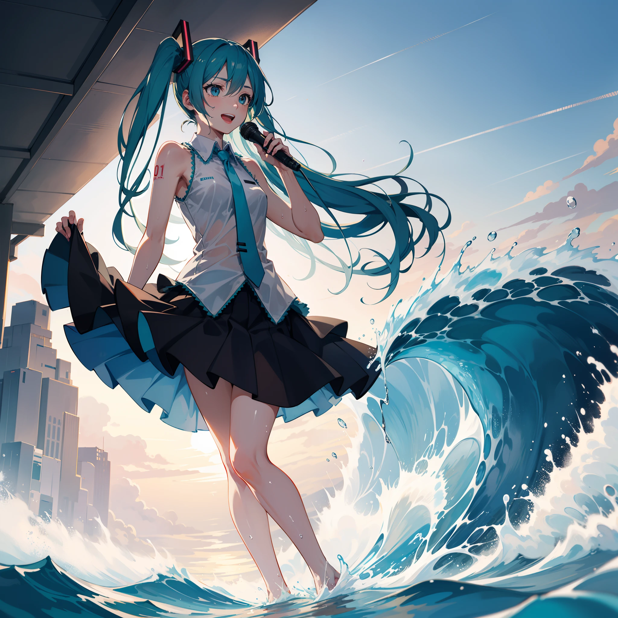 Action:1.6,Hatsune miku in bottle:1.6,dynamic range:1,6,low angle,full body shot,medium shot,action:1.5,Wet clothes,Blowing in the wind:1.1,See-through clothes:1.1,wave her hand:1.1,A smile,Singing:1.5,Hold the microphone:1.1,Sing a song:1.1,Sweat splashes,swet,4K, (Raw photo: 1.2), (Realism: 1.4), (masutepiece: 1.3), (exquisite detailing: 1.2), Delicate and beautiful details, (Eye Detail), (Facial Detailed), (Highest Quality:1.4), (very detailed illustration), Best Quality, Super Resolution,Wide light, natural shadows