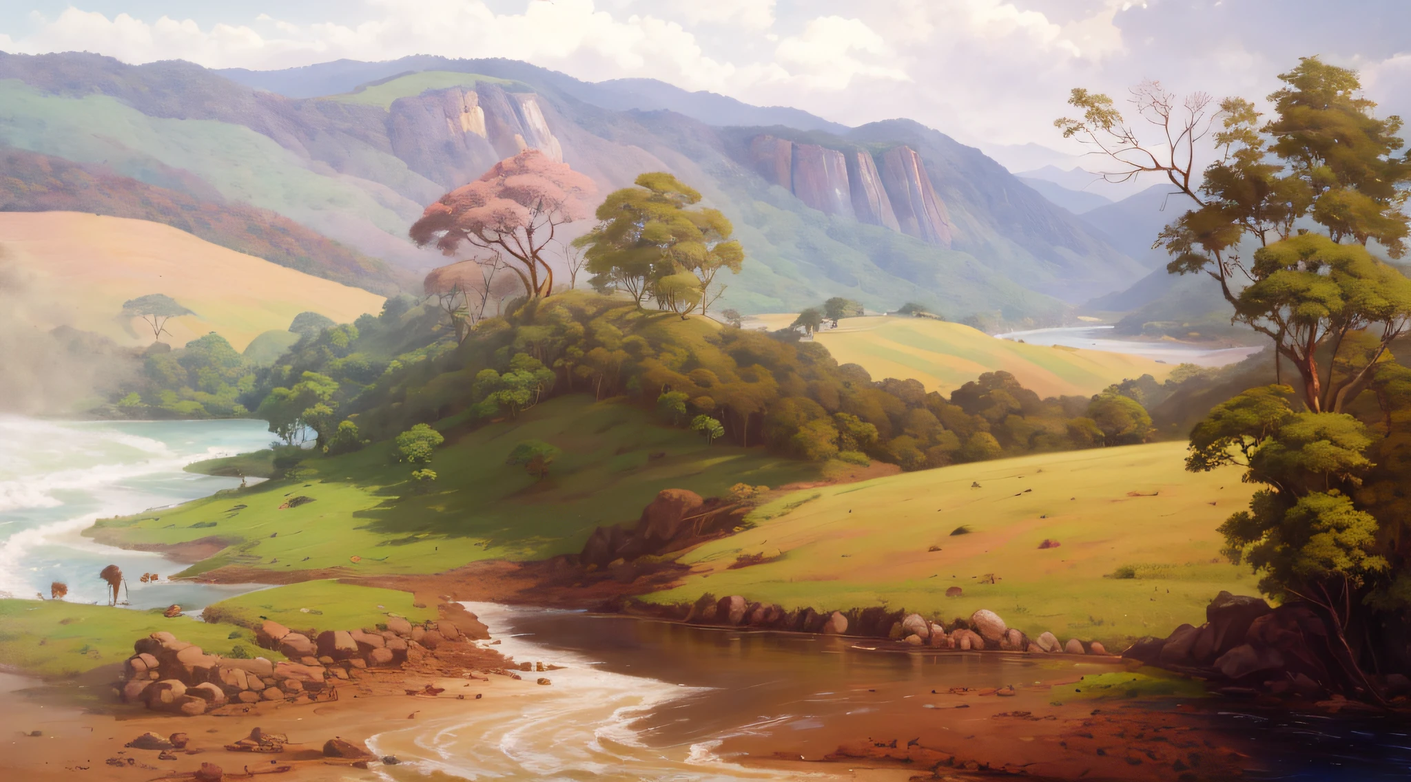 pintura de um rio que atravessa um vale verde exuberante com montanhas ao fundo, colinas fluidas, 8k resolution digital painting, 8k resolution digital painting, Pintura digital 4K, Pintura digital 4k, pintura digital detalhada, baixo detalhamento. pintura digital, Pintura Digital de Alto Detalhe, peaceful landscape, rio, trees and hills, pintura detalhada 4K, pintura digital 4k