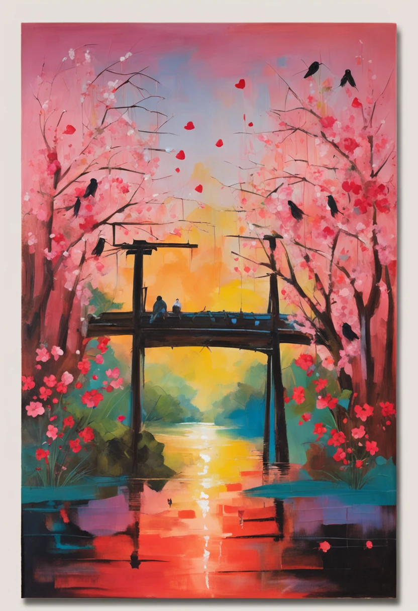 Tanabata Valentine's Day romantic poster,A couple kisses on a wooden bridge,Peach blossoms bloom on both sides of the river,Countless pink petals fell from the sky,Several magpies flew around in the sky