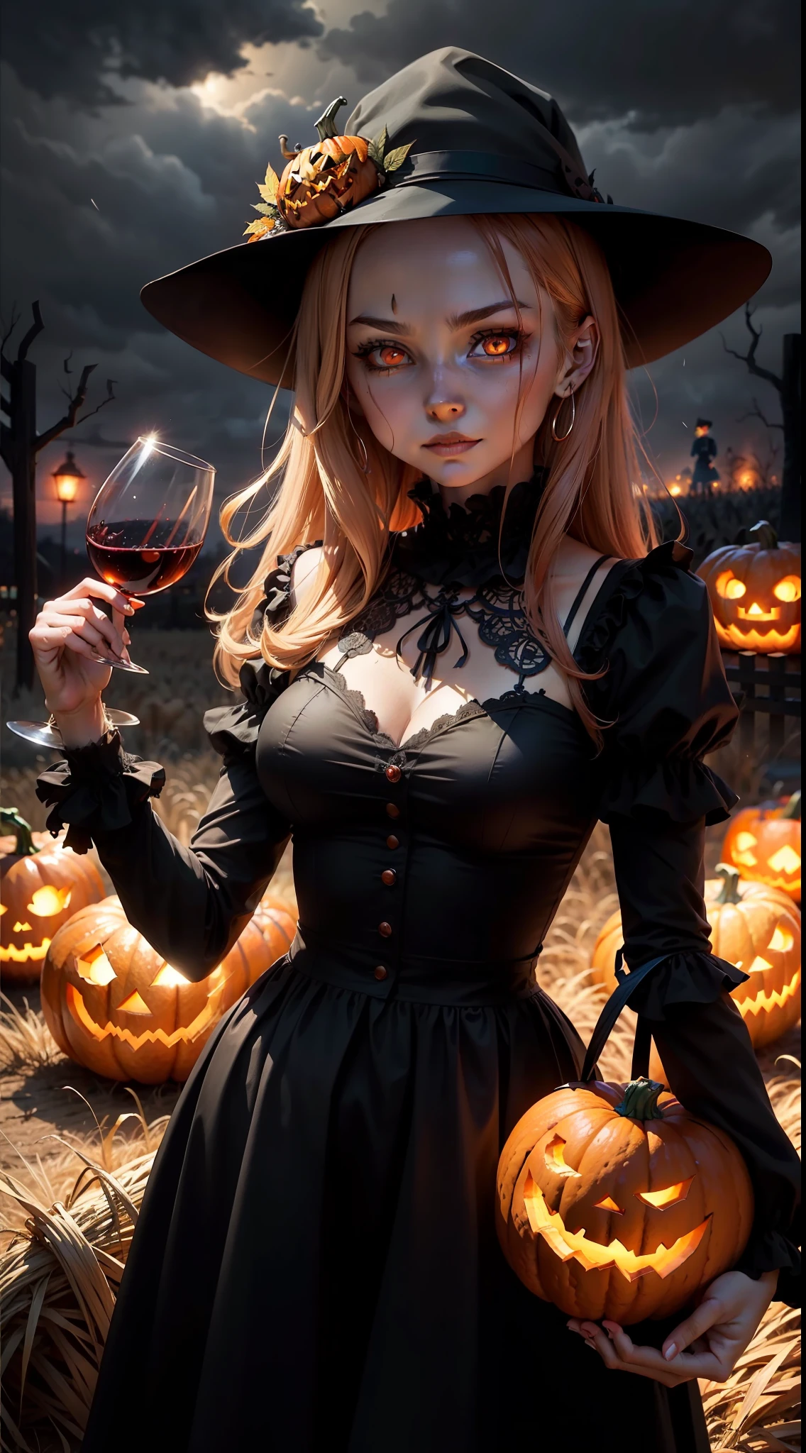 Pumpkin demon scarecrow, femele, Holding a wine glass, Jack O'Lantern 飾演 The Head, straw, Night, fall weather, Dark, Creepy, Cornfield, Field on fire, rain, The demons, Glowing red eyes, Horror, Scary, Pumpkin head, Bald, wineglass