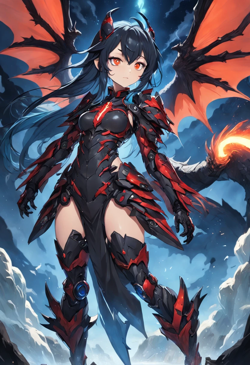 uma mulher, pele branca, longos cabelos brancos, uma mecha vermelha de cabelo do lado direito, (dois finos e longos chifres pretos ligeiramente curvados por dentro, um olho azul e um olho castanho, Two small red dragon wings, orelhas de elfo, vestido em couro preto apertado, botas de salto de couro preto de altura do joelho, Grande Brest, sentado em um "Dragon skull, corpo inteiro,