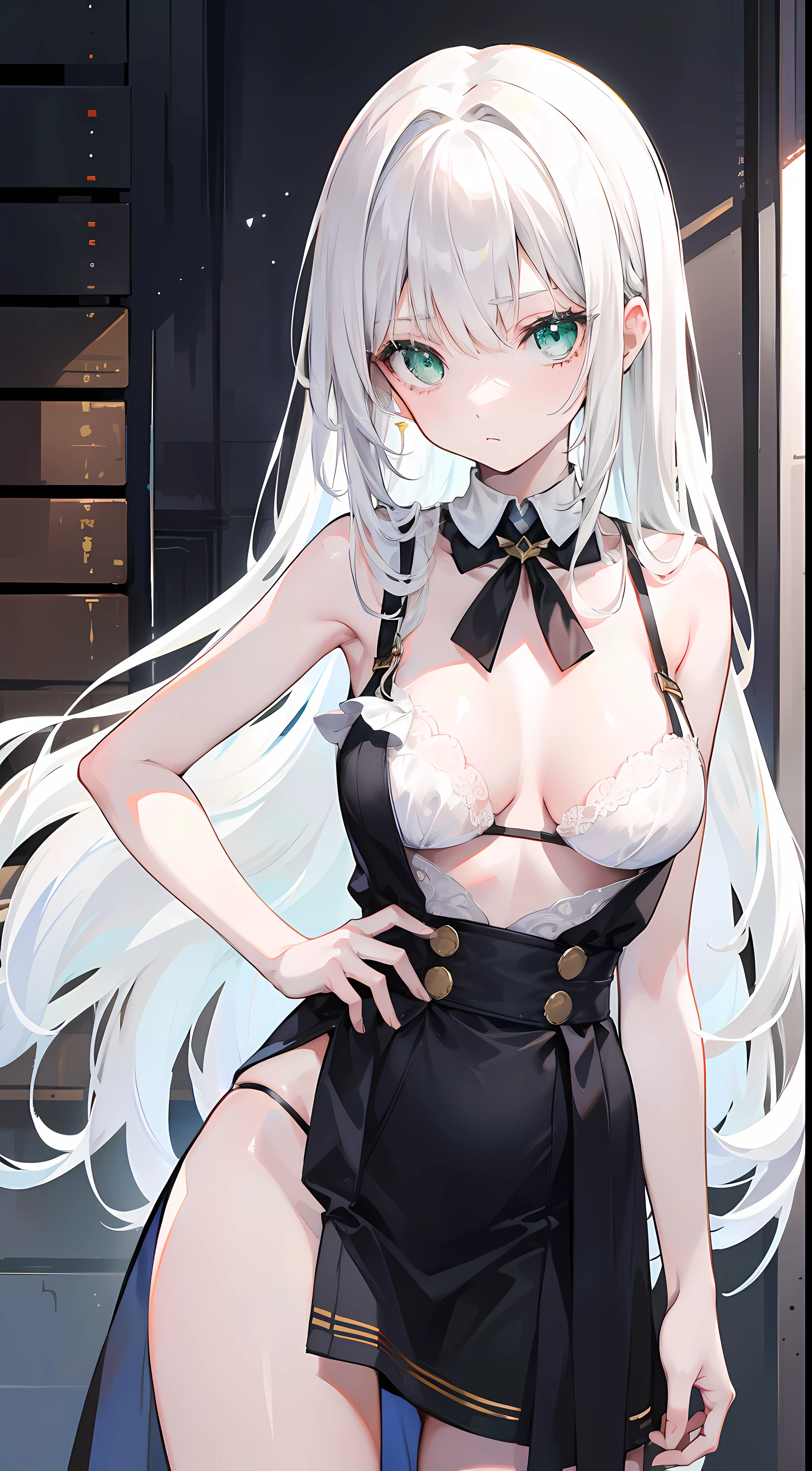 A young girl with long white hair, green eyes, slender body, C-cup, only bra and panties, while taking a photo, standing in front of the background cloth, posing, the overall picture is exquisite and perfect, perfect The whole picture of the girl