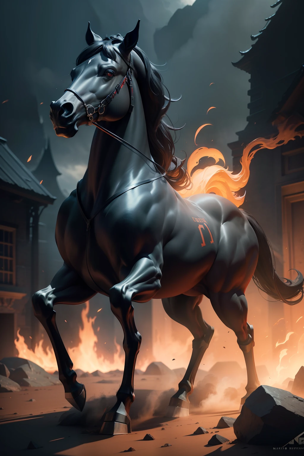 Create a black horse,with its eyes on fire,with fire in its paws,a horse so thin that its bones and ribs appear, --auto --s2