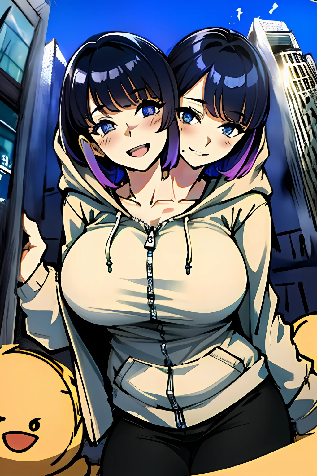 2heads, a tall fat woman with 2 heads. She has enormous breasts. She looks aroused and seductive. She is wearing an unzipped colorful hoodie with nothing underneath. She is wearing leggings. She is extremely tall and extremely fat. Her breasts are gigantic and fat. Her breasts protrude through her unzipped hoodie. She is outside in a city during the day, with buildings nearby. She is blushing. She has big fat massive breasts. She is extremely tall. View from below looking up to her, low angle. She is laughing and smiling. She looks motherly and mature. She is looking down upon the viewer.