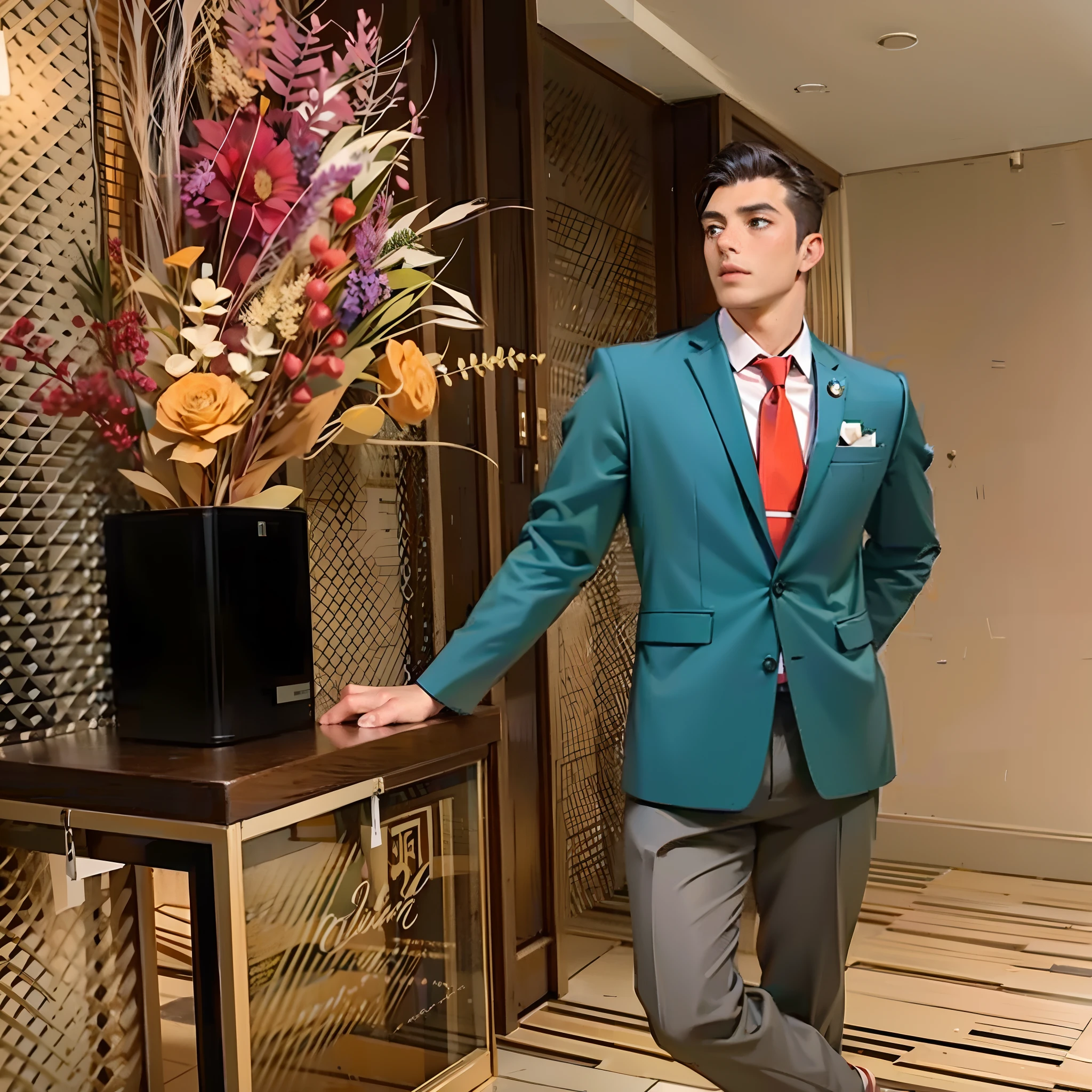 a handsome male cabin crew dressed in a cyan-colored coat and red necktie standing in front of a coffee trolley in cabin of airplane, handsome face with detailed facial features, correct accurate male anatomy arrangement, cabin crew badge on his left chest, he is putting his right hand on coffee trolley,wearing a colorful men's suit and grey pants, doing an elegant pose by crossing his legs, well - dressed, Airplane environment, depth of field, sharpness, cabin light professional light on model, sharpness, depth of field, shadow, masterpiece, fined detailed high quality illustration art, digital art, Airline, Cabin crew, Male cabin crew