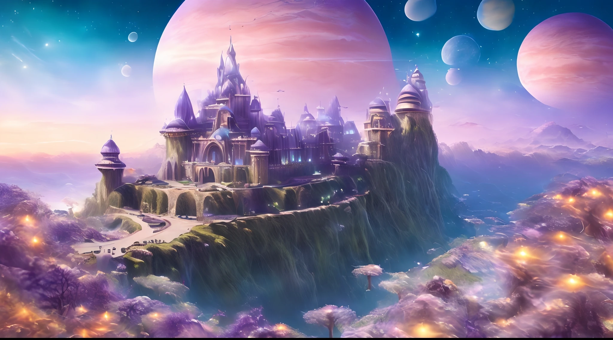 ((master piece)), best quality, (8k, best quality, masterpiece:1.2), ultra-detailed, illustration, big fantasy city, Science fiction, ethereal city, Floating city, many planets in the skies, clouds around, celestial architecture, purple energy scarring around, Giant castle in the center, astral skies, bioluminescent blooms, water magic