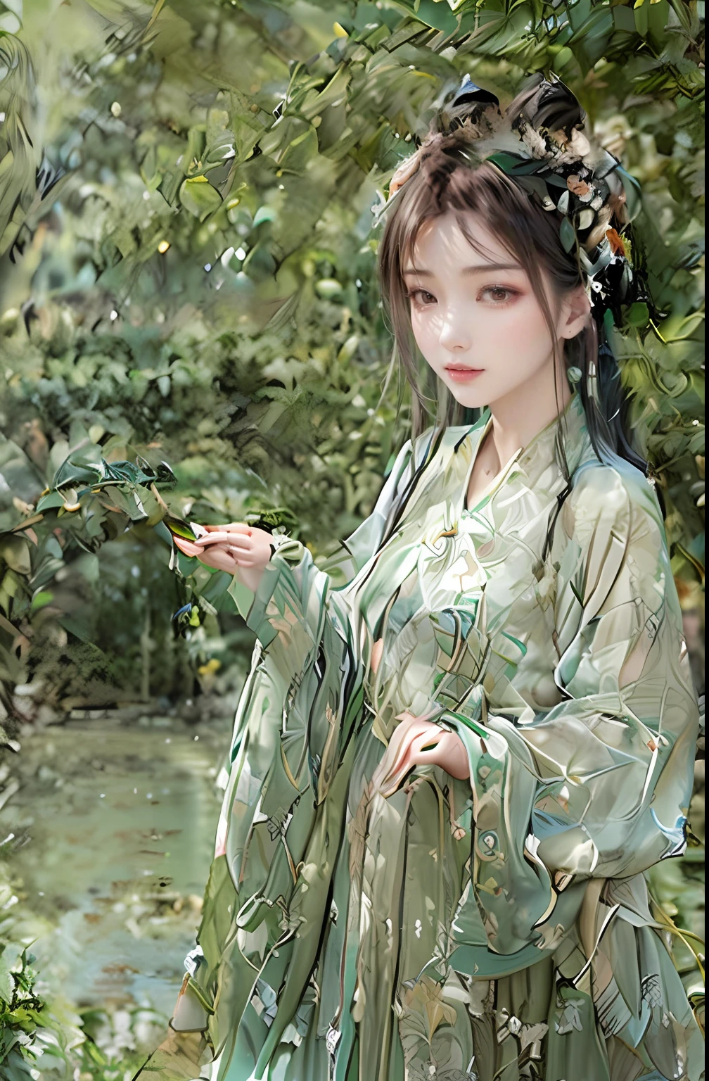 An ancient Chinese beauty standing by the river,中景 the scene is,Wearing ancient Chinese clothing,Flowing tulle silk,(Detailed and perfect facial details),(Beautiful and affectionate eyes),Flowing silky hair,Pavilion,Flying birds,The vista is a mound...