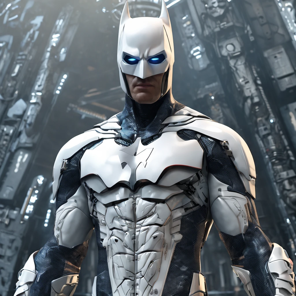 spectacular, Master parts, :The realistic White Batman focuses on the advanced cybernetic suit Orba Prima, high high quality ::n_Style drawing, Low-quality defects,