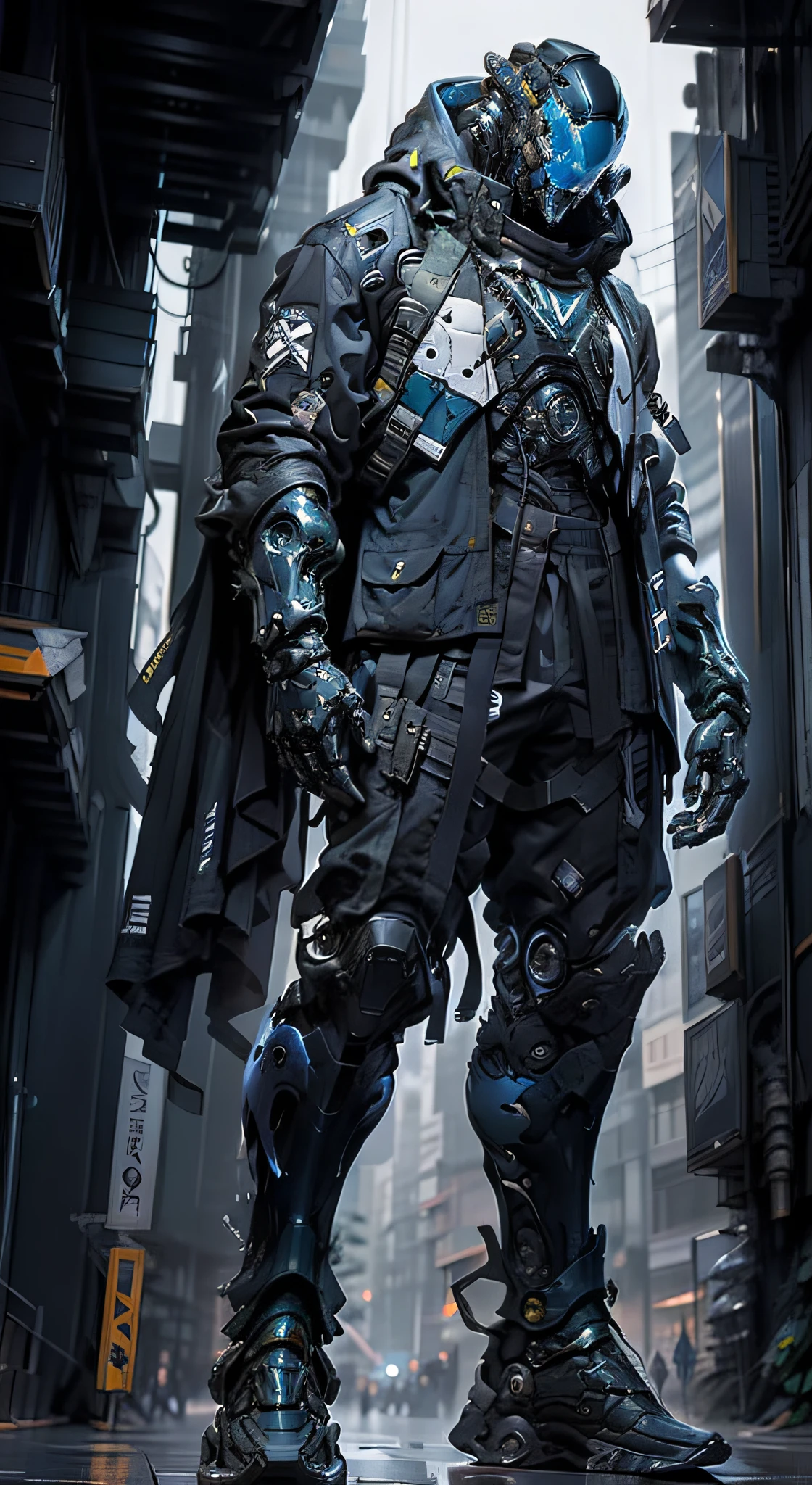 a futuristic-looking ((blue chrome cyborg)) man with a fantastic ((square cyberhelmet head with blue lights)), wearing a pair of ((iron gray tactical gloves)), dressed in a ((blue techwear jacket)) and a ((black tactical trousers)), standing in cyberpunk city, face focus UHD, anatomically correct, best quality, masterpiece, reference sheet, character chart