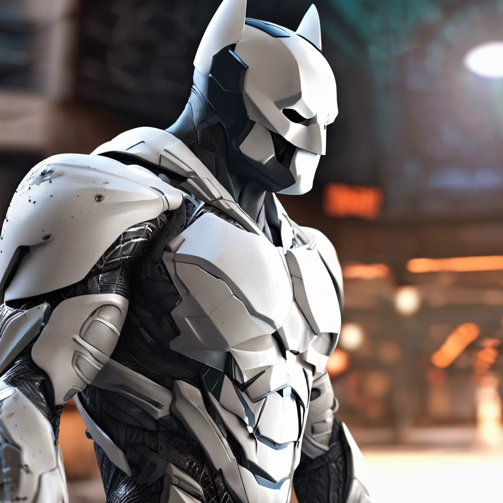 spectacular, Master parts, :The realistic White Batman focuses on the advanced cybernetic suit Orba Prima, high high quality ::n_Style drawing, Low-quality defects,