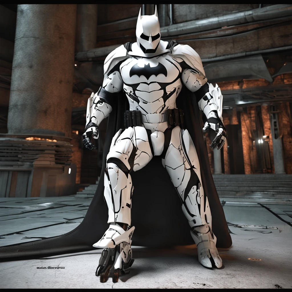 spectacular, Master parts, :The realistic White Batman focuses on the advanced cybernetic suit Orba Prima, high high quality ::n_Style drawing, Low-quality defects,