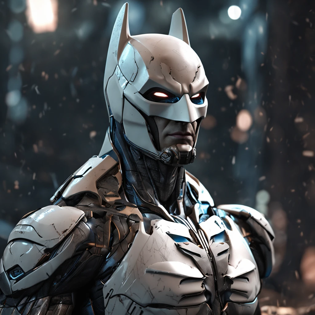 spectacular, Master parts, :The realistic White Batman focuses on the advanced cybernetic suit Orba Prima, high high quality ::n_Style drawing, Low-quality defects,