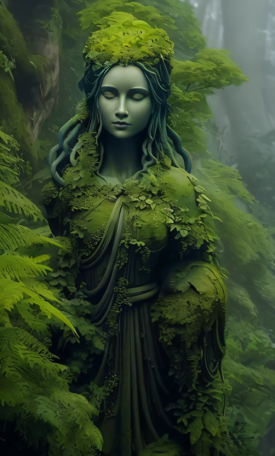 Close up of statue of woman in forest, Earth goddess mythology, goddess of nature, goddess of nature, goddess of the forest, mother nature, woman made of plants, enchanted with nature spirit, extremely detailed goddess shot, queen of nature, druid goddess, Mother Earth, unreal engine rendered + A goddess, Beautiful goddess, a stunning portrait of a goddess