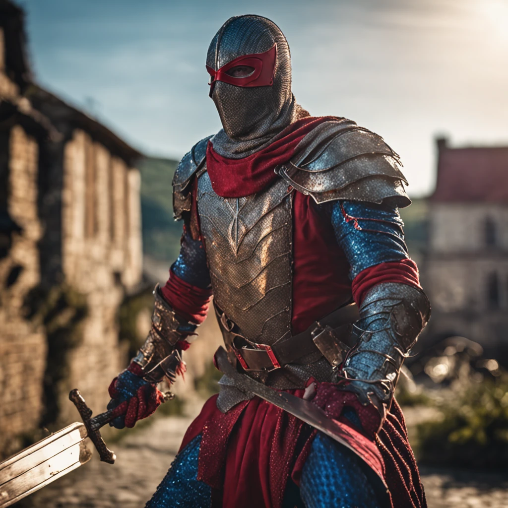 Marvel at the magical spider - the man who served as a medieval themed knight, Full set of red and blue glittering armor, Intricate details, Depicted in action poses, holds a spear, Medieval town in the background, Photorealistic, Dramatic lighting, Beautiful color grading, 8K resolution, Shot with Canon EOS C70 RF24–105mm lens