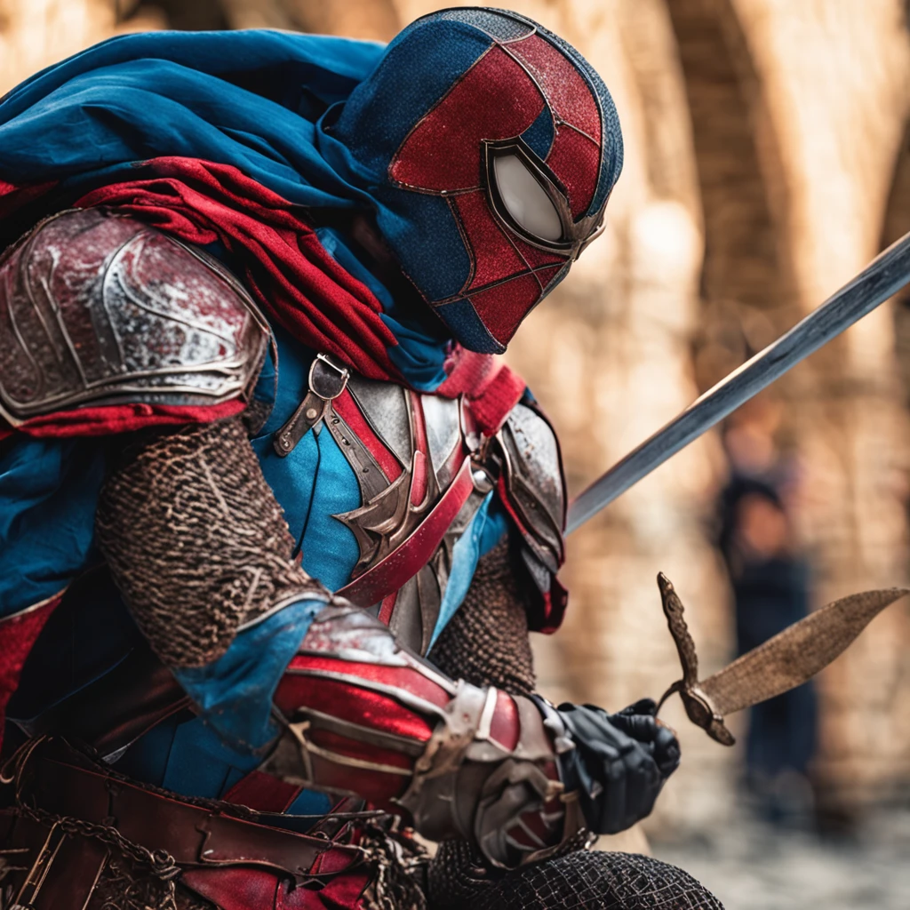 Marvel at the magical spider - the man who served as a medieval themed knight, Full set of red and blue glittering armor, Intricate details, Depicted in action poses, holds a spear, Medieval town in the background, Photorealistic, Dramatic lighting, Beautiful color grading, 8K resolution, Shot with Canon EOS C70 RF24–105mm lens