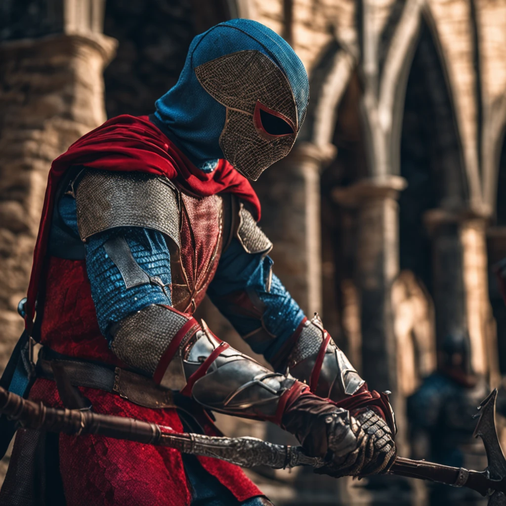 Marvel at the magical spider - the man who served as a medieval themed knight, Full set of red and blue glittering armor, Intricate details, Depicted in action poses, holds a spear, Medieval town in the background, Photorealistic, Dramatic lighting, Beautiful color grading, 8K resolution, Shot with Canon EOS C70 RF24–105mm lens