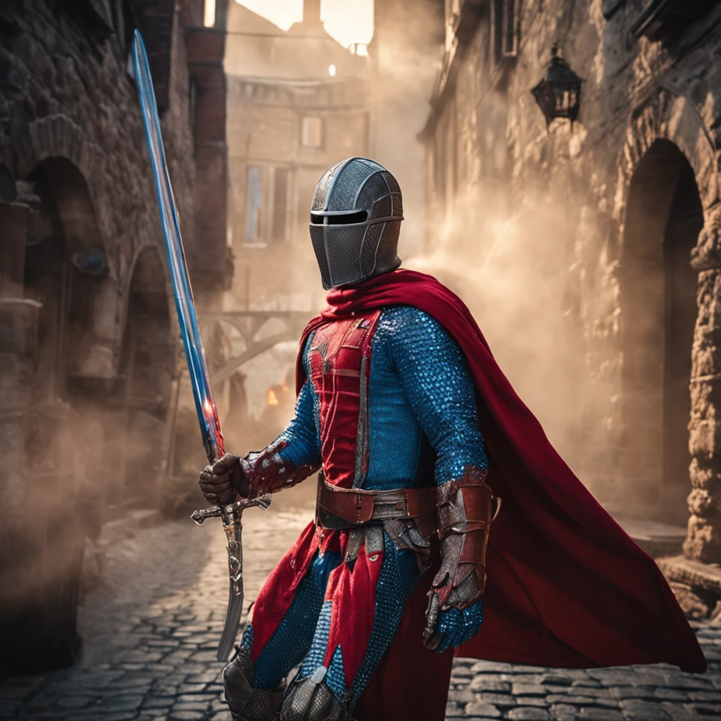 Marvel at the magical spider - the man who served as a medieval themed knight, Full set of red and blue glittering armor, Intricate details, Depicted in action poses, holds a spear, Medieval town in the background, Photorealistic, Dramatic lighting, Beautiful color grading, 8K resolution, Shot with Canon EOS C70 RF24–105mm lens