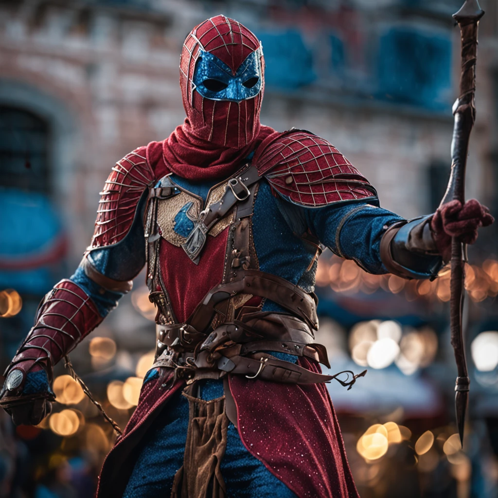Marvel at the magical spider - the man who served as a medieval themed knight, Full set of red and blue glittering armor, Intricate details, Depicted in action poses, holds a spear, Medieval town in the background, Photorealistic, Dramatic lighting, Beautiful color grading, 8K resolution, Shot with Canon EOS C70 RF24–105mm lens
