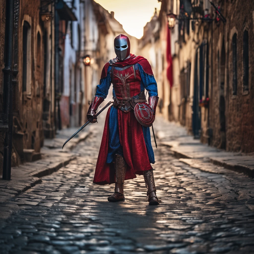 Marvel at the magical spider - the man who served as a medieval themed knight, Full set of red and blue glittering armor, Intricate details, Depicted in action poses, holds a spear, Medieval town in the background, Photorealistic, Dramatic lighting, Beautiful color grading, 8K resolution, Shot with Canon EOS C70 RF24–105mm lens