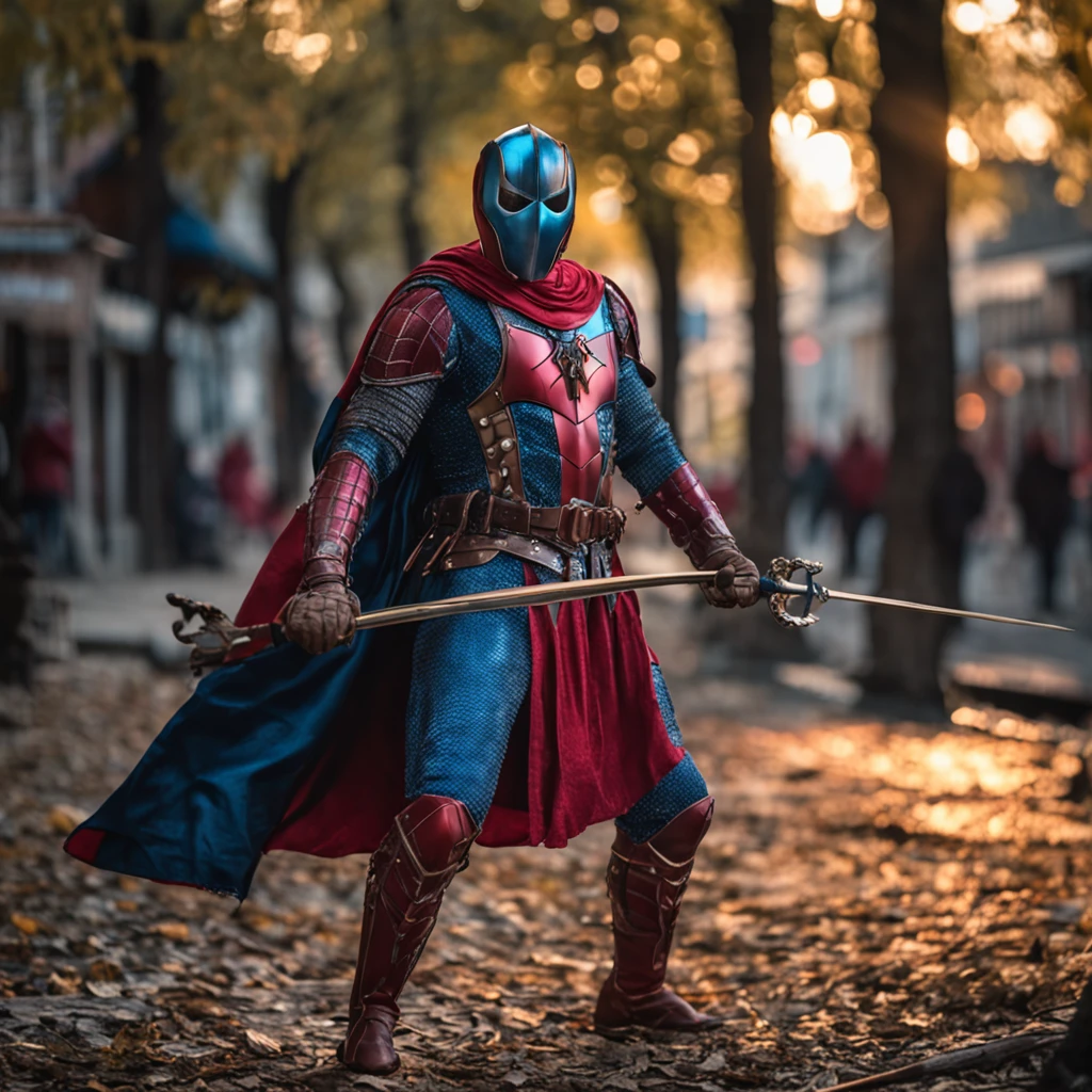 Marvel at the magical spider - the man who served as a medieval themed knight, Full set of red and blue glittering armor, Intricate details, Depicted in action poses, holds a spear, Medieval town in the background, Photorealistic, Dramatic lighting, Beautiful color grading, 8K resolution, Shot with Canon EOS C70 RF24–105mm lens