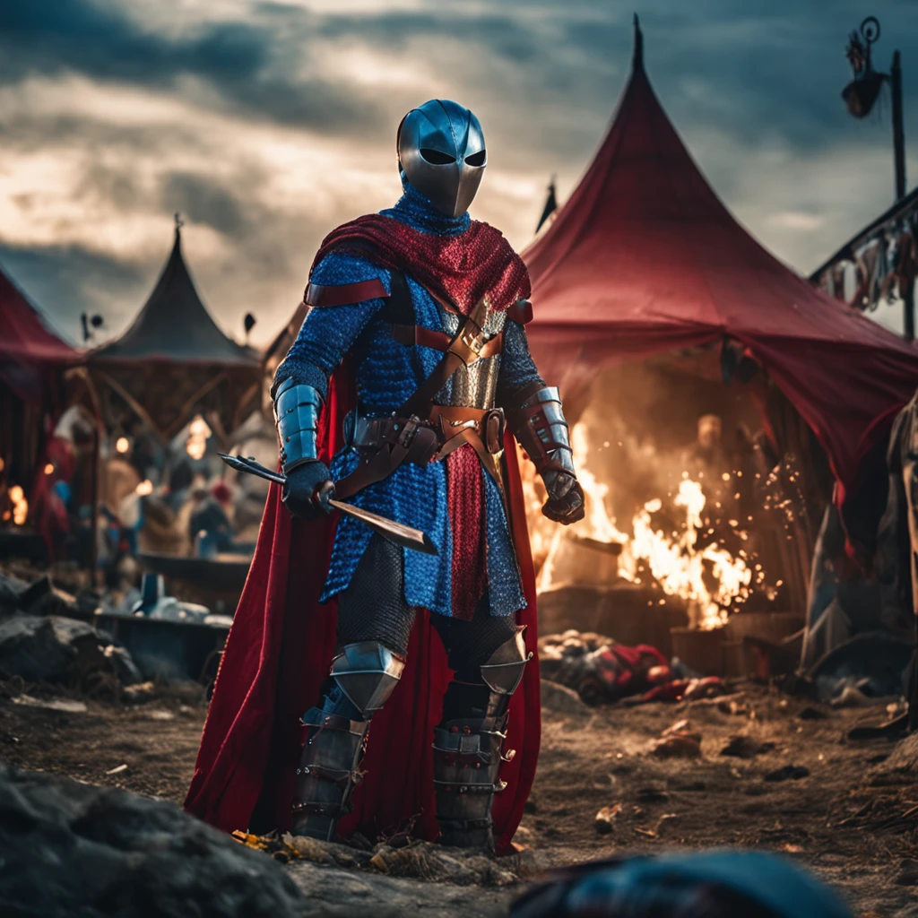 Marvel at the magical spider - the man who served as a medieval themed knight, Full set of red and blue glittering armor, Intricate details, Depicted in action poses, holds a spear, Medieval town in the background, Photorealistic, Dramatic lighting, Beautiful color grading, 8K resolution, Shot with Canon EOS C70 RF24–105mm lens
