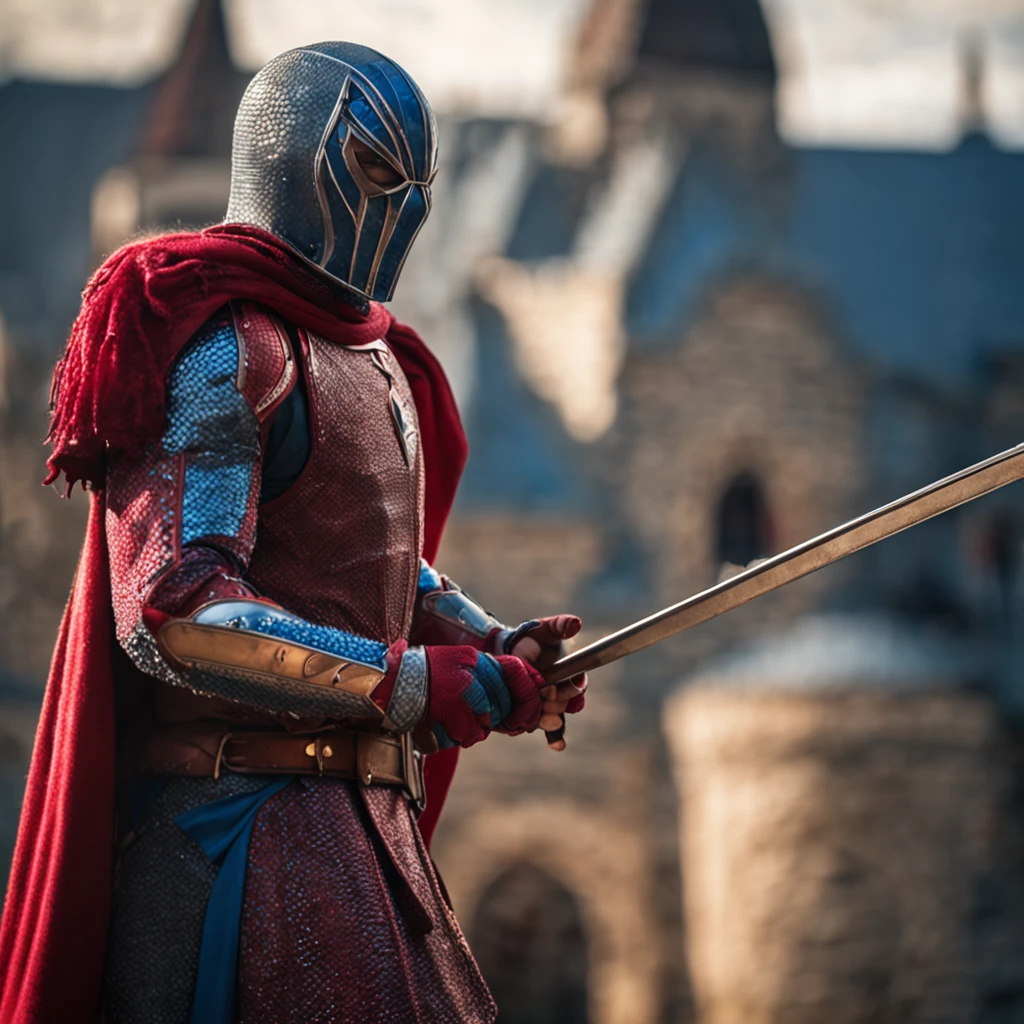 Marvel at the magical spider - the man who served as a medieval themed knight, Full set of red and blue glittering armor, Intricate details, Depicted in action poses, holds a spear, Medieval town in the background, Photorealistic, Dramatic lighting, Beautiful color grading, 8K resolution, Shot with Canon EOS C70 RF24–105mm lens