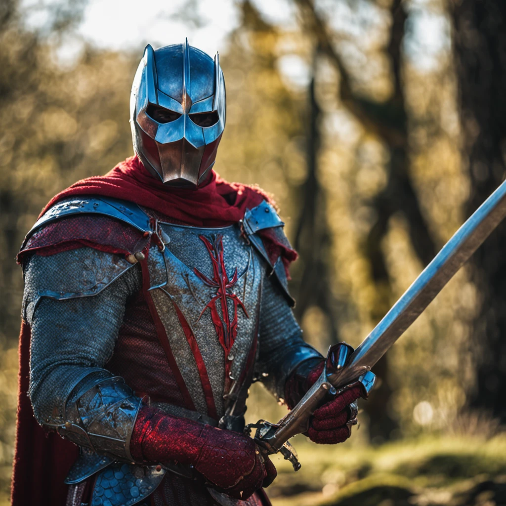 Marvel at the magical spider - the man who served as a medieval themed knight, Full set of red and blue glittering armor, Intricate details, Depicted in action poses, holds a spear, Medieval town in the background, Photorealistic, Dramatic lighting, Beautiful color grading, 8K resolution, Shot with Canon EOS C70 RF24–105mm lens