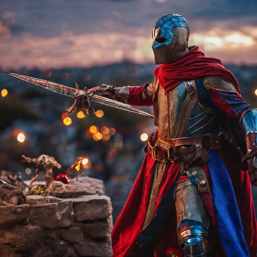 Marvel at the magical spider - the man who served as a medieval themed knight, Full set of red and blue glittering armor, Intricate details, Depicted in action poses, holds a spear, Medieval town in the background, Photorealistic, Dramatic lighting, Beautiful color grading, 8K resolution, Shot with Canon EOS C70 RF24–105mm lens