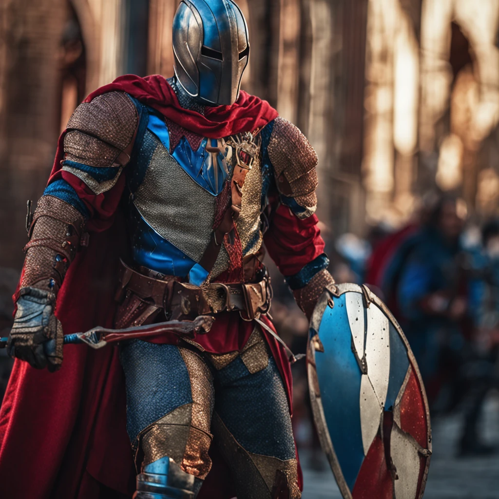 Marvel at the magical spider - the man who served as a medieval themed knight, Full set of red and blue glittering armor, Intricate details, Depicted in action poses, holds a spear, Medieval town in the background, Photorealistic, Dramatic lighting, Beautiful color grading, 8K resolution, Shot with Canon EOS C70 RF24–105mm lens