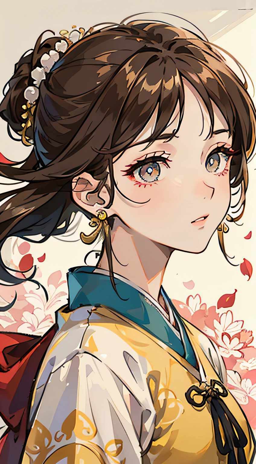 Mature girl , brown hair, floating hair, delicate and smart eyes, starry pupils, intricate damask hanfu, gorgeous accessories, wearing pearl earrings, FOV, f1.8, masterpiece, complex scene, flower petals flying, front portrait shot, Chang'e , golden eyes