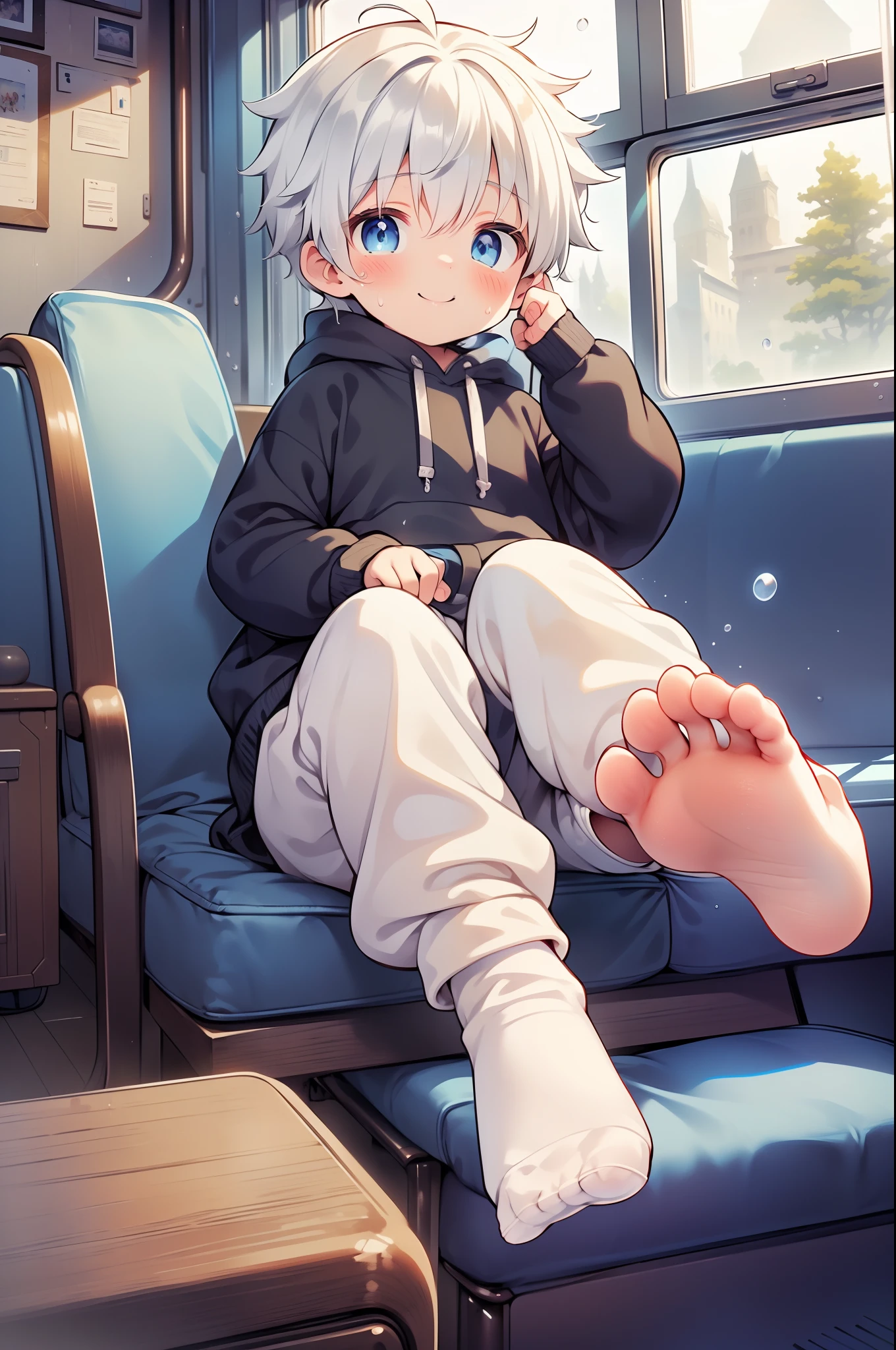 Masterpiece, chubby  boy with white hair and shiny bright blue eyes and small socks wearing a hoodie, and oversized sweatpants sitting in a train, raining outside window, young, boy, child,l, toddsoft lit, (sweatpants:1.4), (Boy:1.4), (Shota:1.4), (Young:1.4), (Male:1.4), (smiling:1.4), (foot:1.4), (shy:1.4),