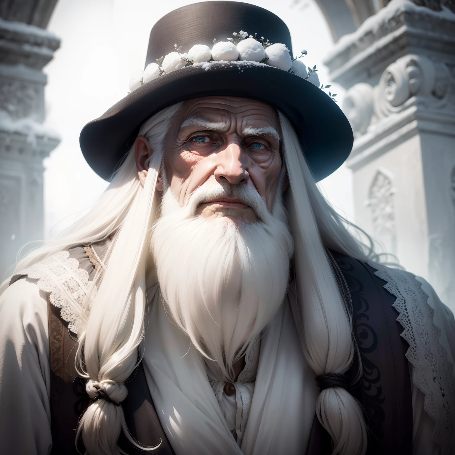 A long-haired old gentleman, as white as snow, with deep wrinkles that tell ancient stories, it holds sinister eyes that seem to have kept dark secrets for centuries, observando silenciosamente da penumbra.