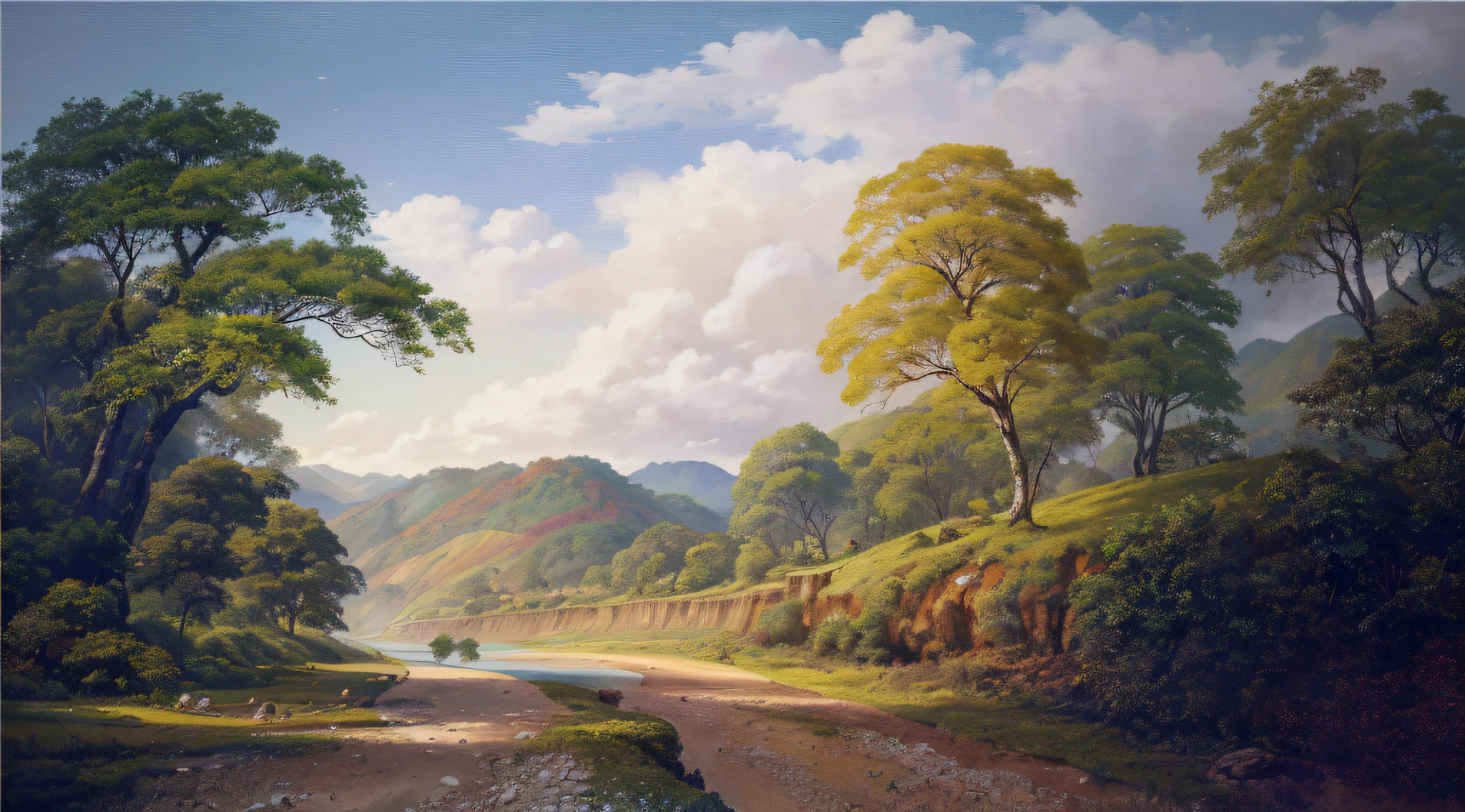 pintura de um rio que atravessa um vale verde exuberante com montanhas ao fundo, colinas fluidas, 8k resolution digital painting, 8k resolution digital painting, Pintura digital 4K, Pintura digital 4k, pintura digital detalhada, baixo detalhamento. pintura digital, Pintura Digital de Alto Detalhe, peaceful landscape, rio, trees and hills, pintura detalhada 4K, pintura digital 4k