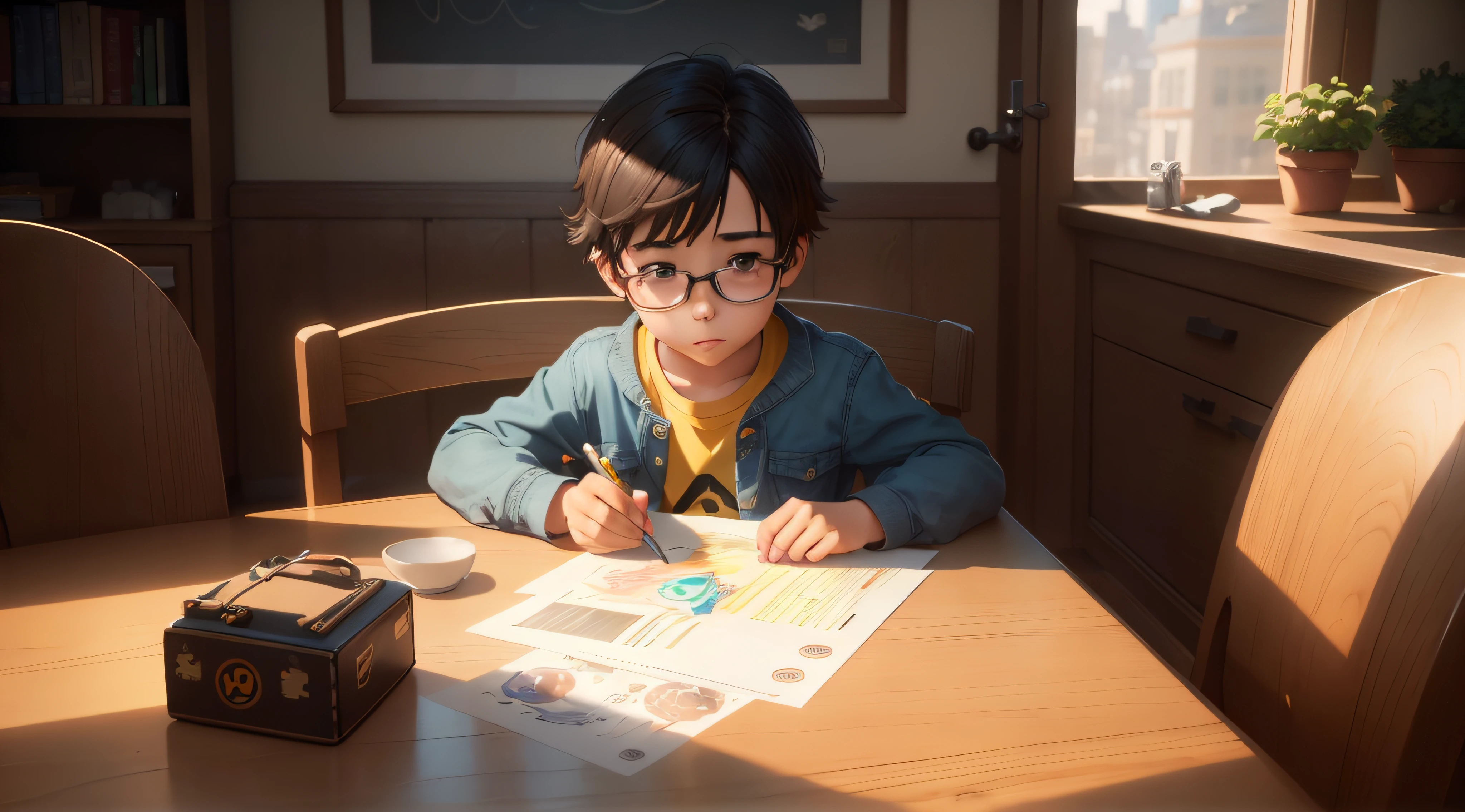 there is a young boy sitting at a table with a pencil and paper, childrens art in artstation, adorable digital painting, makoto shinkai. octane render, ultra realistic 3d illustration, pixar renderman render, small character. unreal engine 5, octane render. by makoto shinkai, pixar portrait 8 k photo, photorealistic cinematic render, high quality cg render