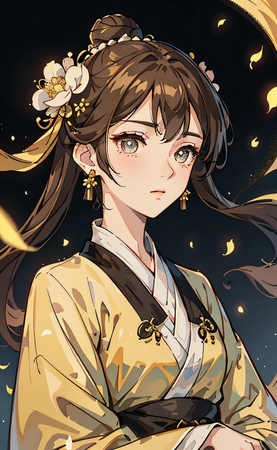 Mature girl , brown hair, floating hair, delicate and smart eyes, starry pupils, intricate damask hanfu, gorgeous accessories, wearing pearl earrings, FOV, f1.8, masterpiece, complex scene, flower petals flying, front portrait shot, Chang'e, golden eyes