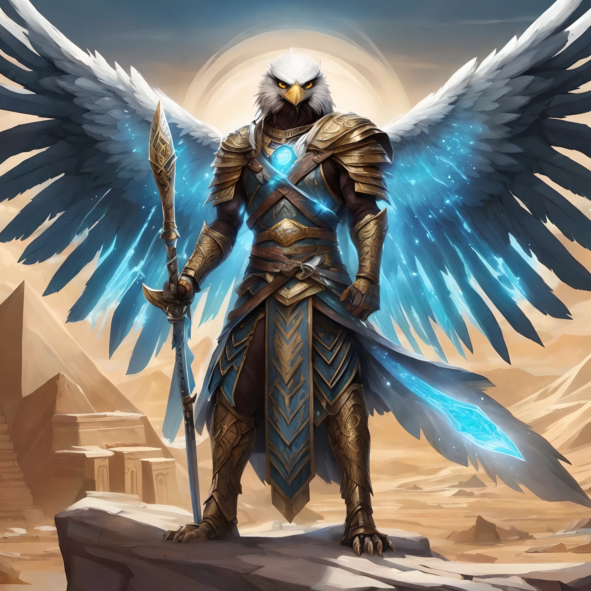 Image of a man with wings and sword, der auf einem Felsen steht, Vogelkrieger, Erzengel, Armor angle with wing, Warrior with metal owl armor, angel in plastic armor, Erzengel Michael, Winged Archer, Kriegsherr des Schwarzen Aarakocra-Adlers, Guardian of the Sacred Lake, The Egyptian God, Storm Egyptian God, Anthropomorpher Rabenritter