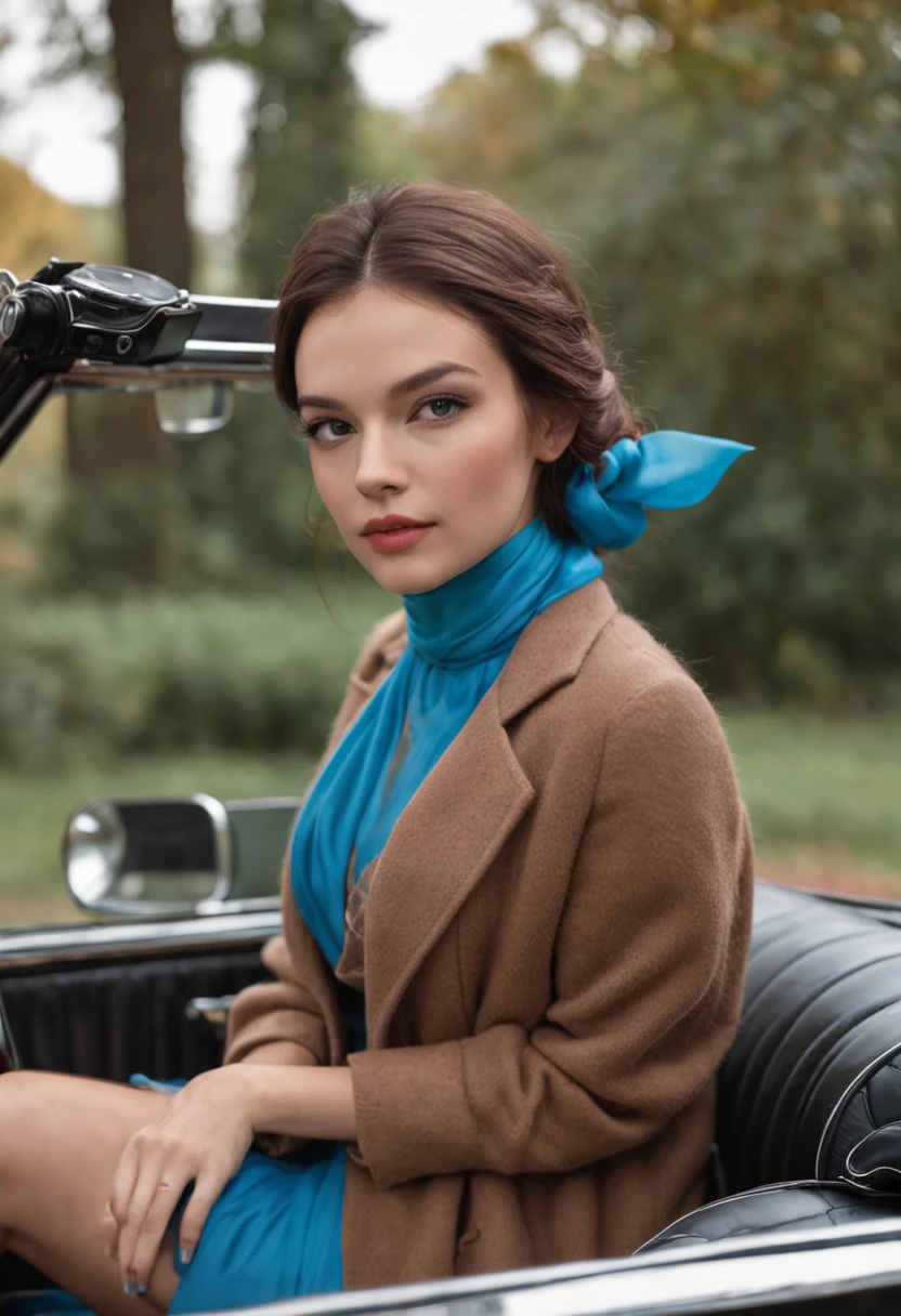 35mm portrait A beautiful woman with a hat on her head and a scarf around her neck driving a blue Beetle convertible, convertible car, Movie city and some trees with pink leaves, lighting dramatic, Ultra resolution, reflections on the ground and overcast sky, detalhamento intrincado, hiper-realista, Cinematic photorealistic, 4k