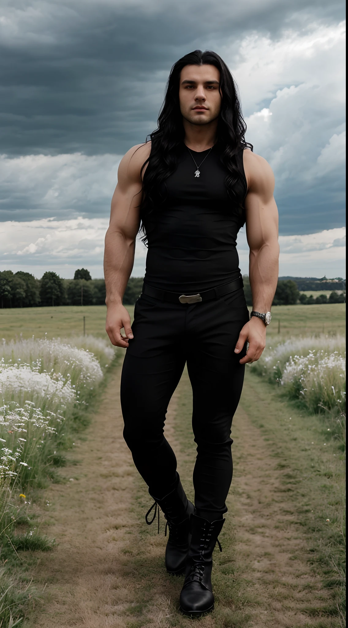 full body image front view of a muscular romanian man, aged 28 years, with a long wavy black hair, dressed up in a sleeveless black shirt, black pants and black boots, standing on a meadow, cloudy day